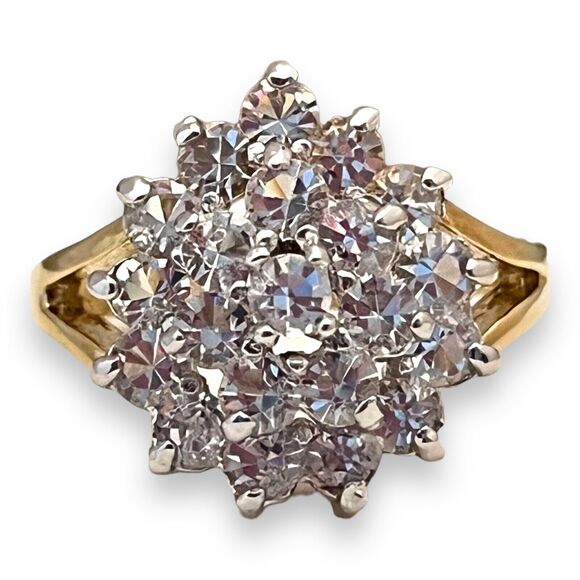 Vintage Ring Size 5 Cubic Zirconia Cluster Ring 14K Gold Plate Mid-Century 14G - Picture 7 of 11